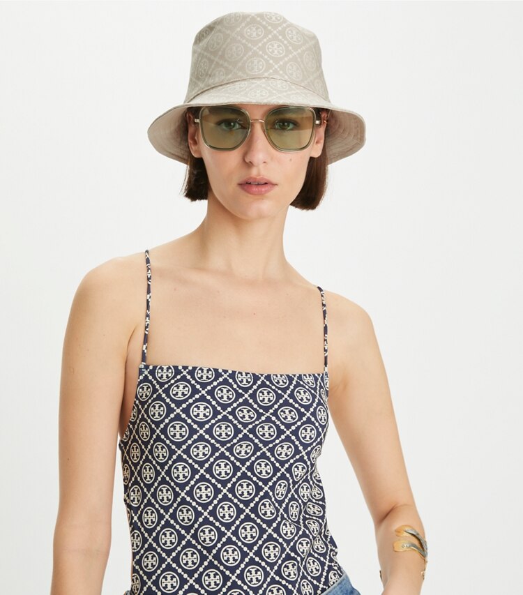Tory Burch designer hats T-Monogram Short-Brim Bucket Hat in White accessory on model