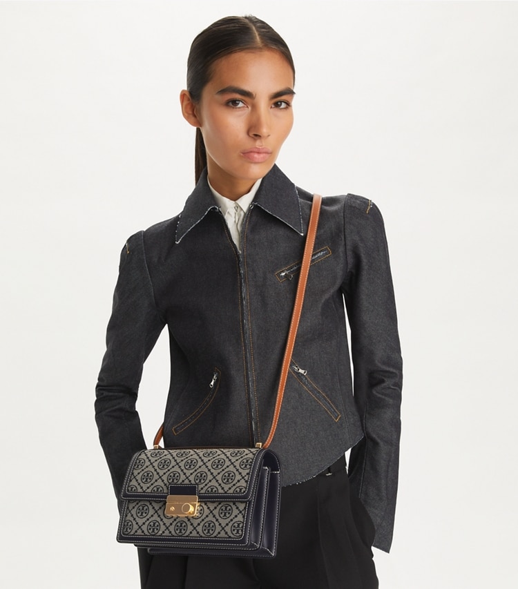 Tory Burch designer shoulder bags T Monogram Shoulder Bag in Tory Navy accessory on model