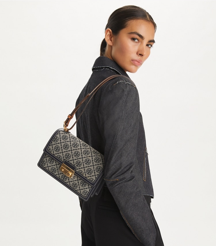 Tory Burch designer shoulder bags T Monogram Shoulder Bag in Tory Navy additional on model