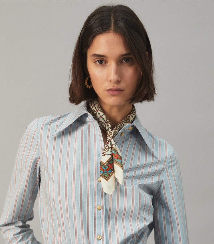 Tory Burch designer scarves T Monogram Silk Neckerchief in Cream accessory on model