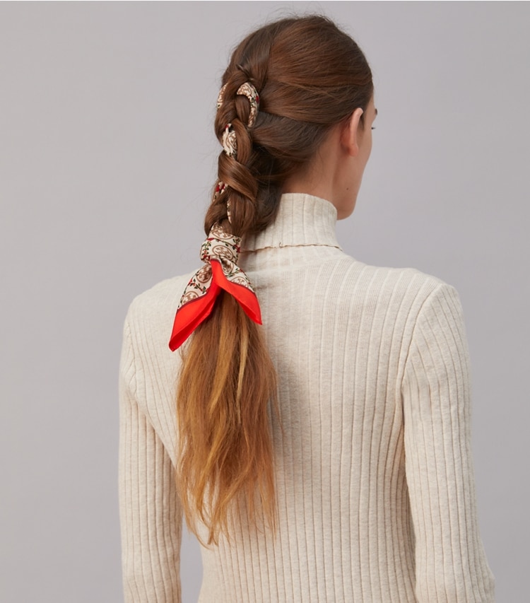 Tory Burch designer scarves T Monogram Silk Neckerchief in HAZELNUT / TORY RED accessory on model