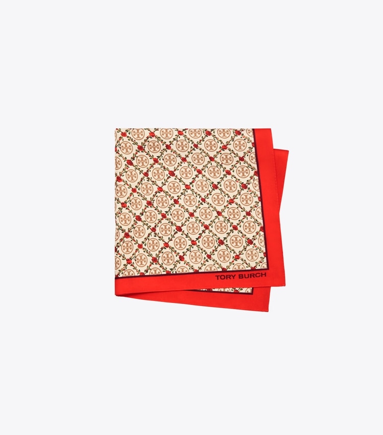 Tory Burch designer scarves T Monogram Silk Neckerchief in HAZELNUT / TORY RED folded