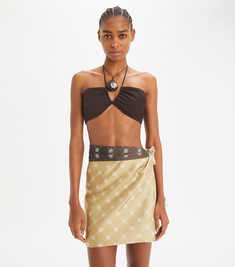 Tory Burch designer scarves T Monogram Silk Oblong Scarf in Tan/Chocolate accessory on model