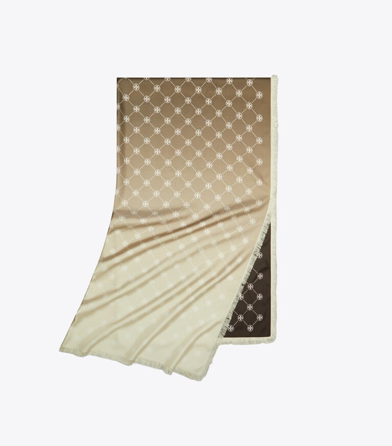 Tory Burch designer scarves T Monogram Silk Oblong Scarf in Tan/Chocolate overhead