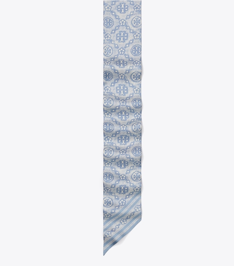 Tory Burch designer scarves T Monogram Silk Ribbon Tie in Blue detail