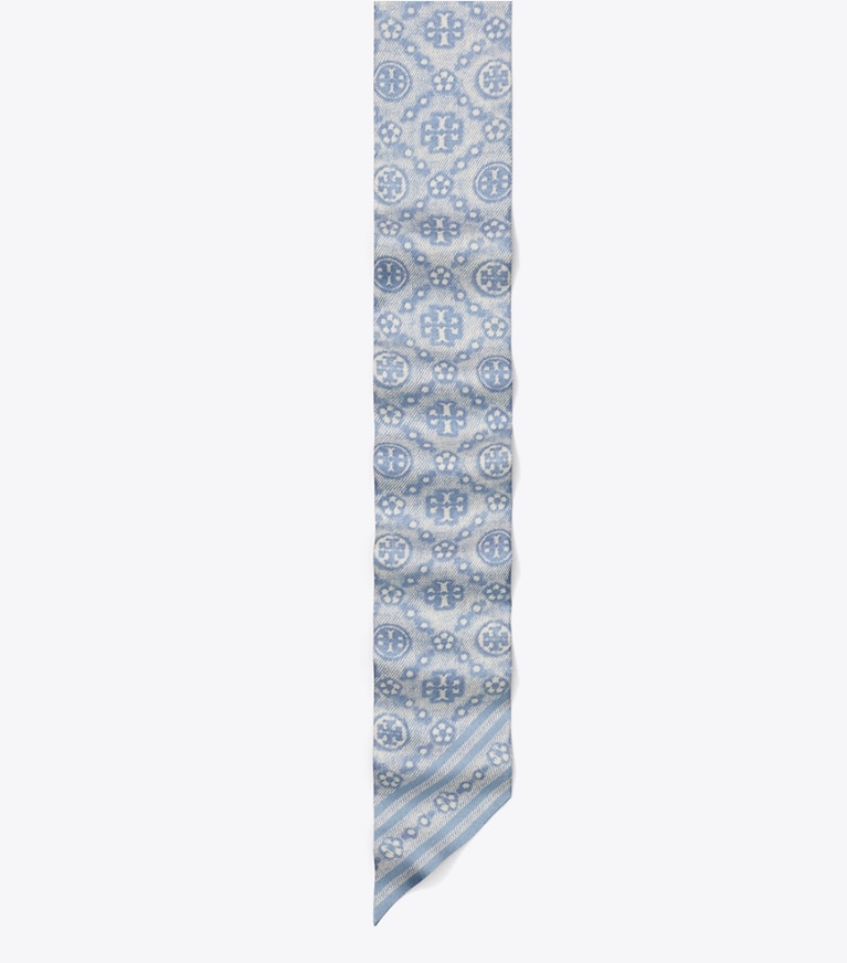 Tory Burch designer scarves T Monogram Silk Ribbon Tie in Blue detail
