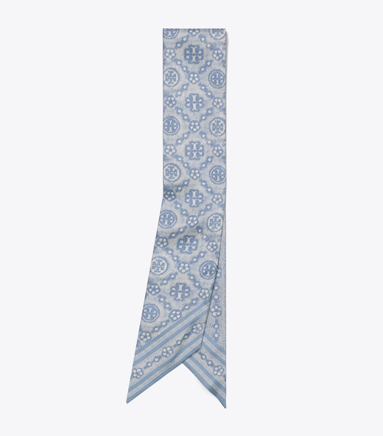 Tory Burch designer scarves T Monogram Silk Ribbon Tie in Blue folded