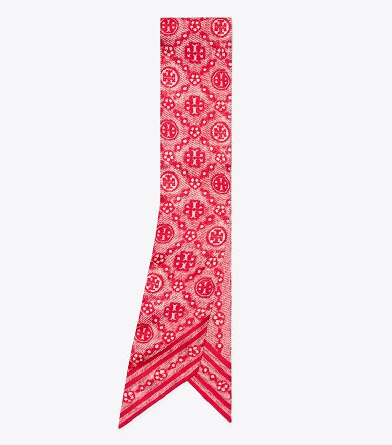 Tory Burch designer scarves T Monogram Silk Ribbon Tie in Red folded