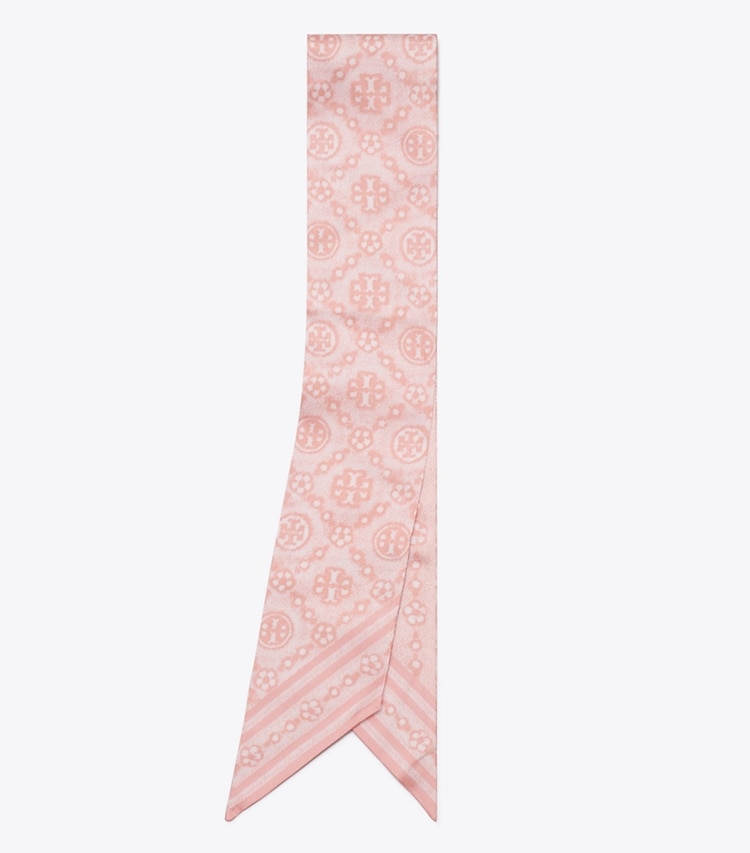 Tory Burch designer スカーフ・マフラー Tモノグラム シルク リボンタイ in Rose Mist folded