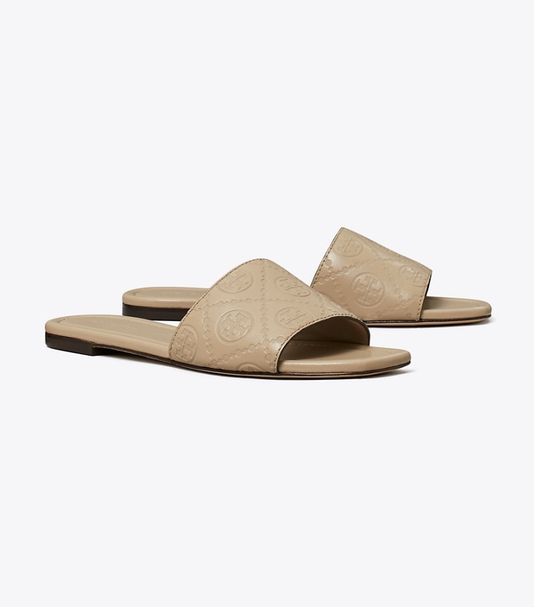 Tory Burch designer sandals T Monogram Slide in FRESH CLAY angle