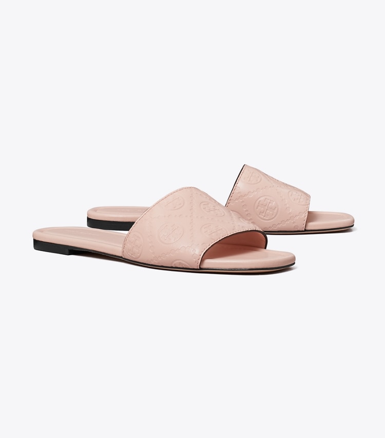 Tory Burch designer sandals T Monogram Slide in LIGHT PINK angle