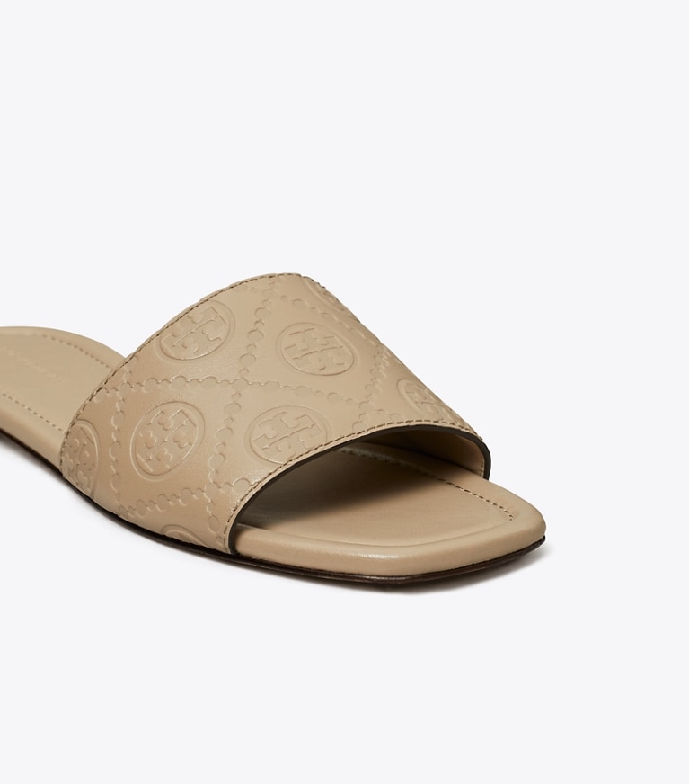 Tory Burch designer sandals T Monogram Slide in FRESH CLAY angle