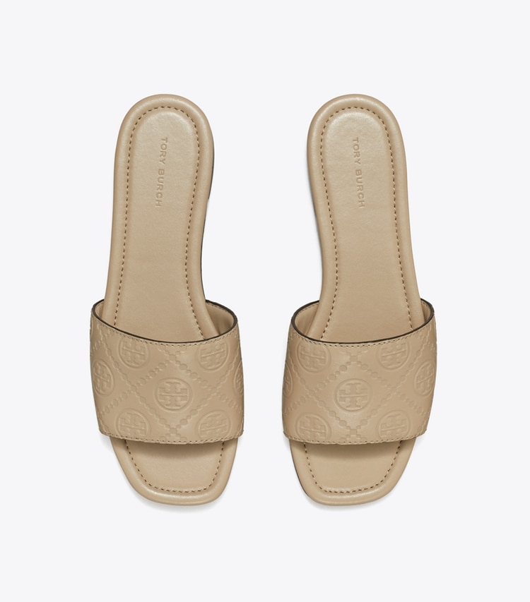 Tory Burch designer sandals T Monogram Slide in FRESH CLAY overhead