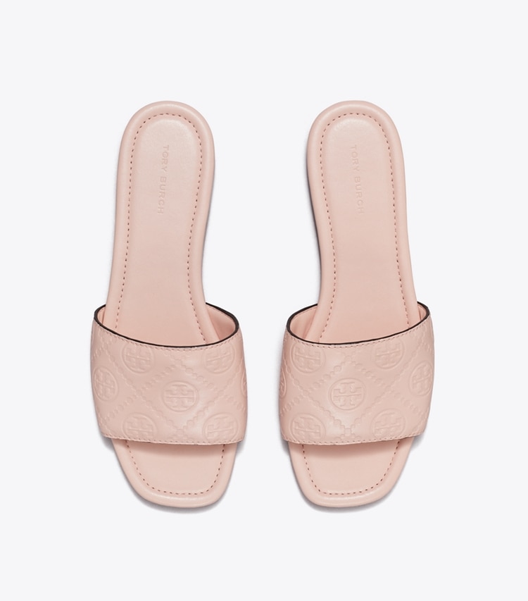 Tory Burch designer sandals T Monogram Slide in LIGHT PINK overhead