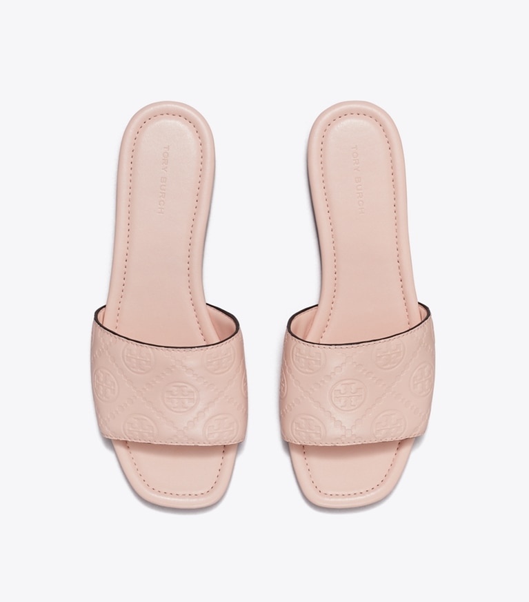 Tory Burch designer sandals T Monogram Slide in LIGHT PINK angle