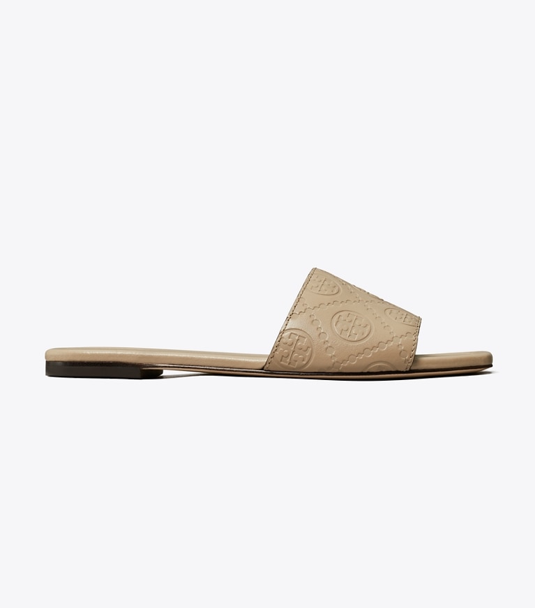 Tory Burch designer sandals T Monogram Slide in FRESH CLAY angle