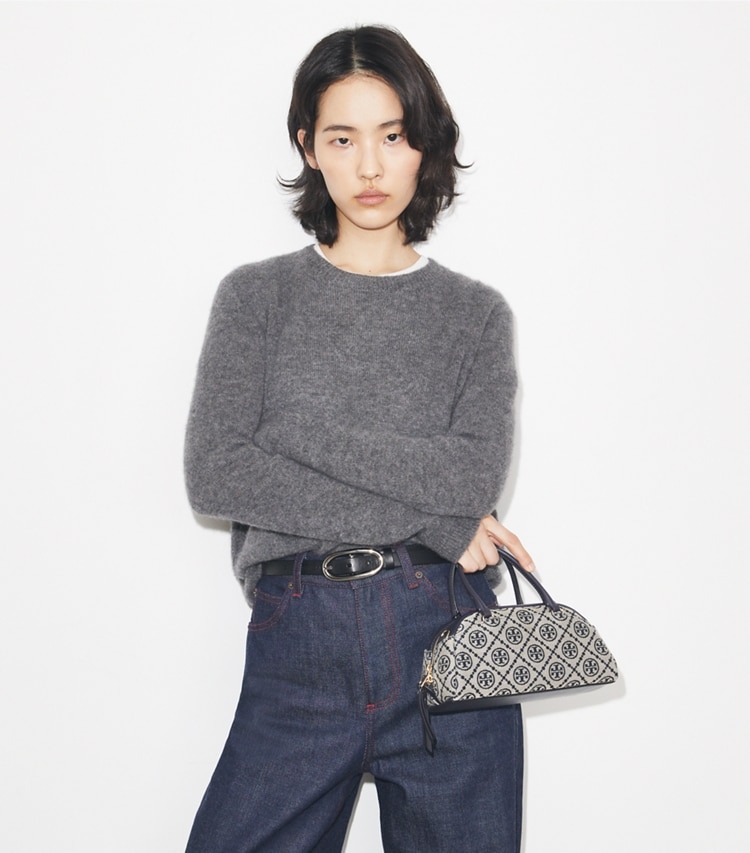 Tory Burch designer crossbody bags T Monogram Small Bowler in Tory Navy additional on model