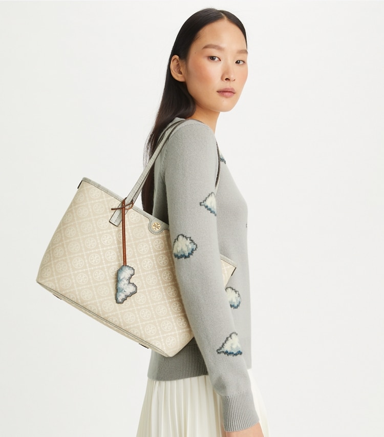 Tory Burch designer tote bags T Monogram Small Cloud Zip Tote in Misty Cloud accessory on model
