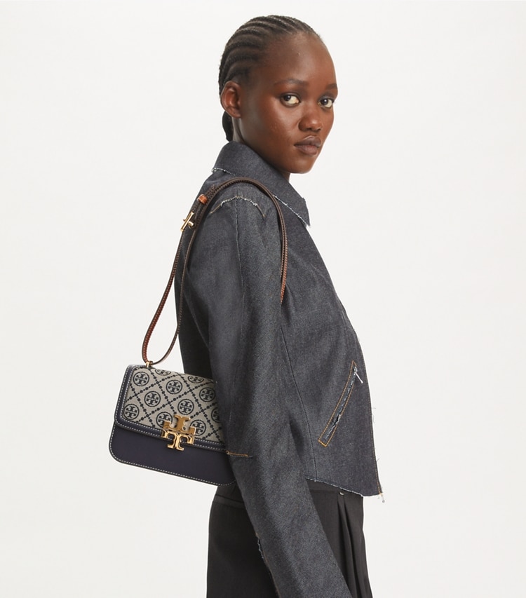 Tory Burch designer shoulder bags T Monogram Small Eleanor Bag in Tory Navy accessory on model