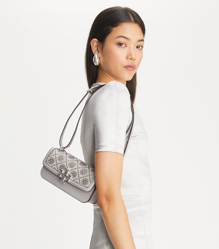 Tory Burch designer shoulder bags T Monogram Small Eleanor Rectangular Bag in Gray accessory on model