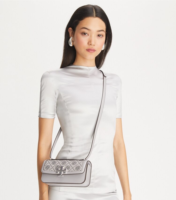 Tory Burch designer shoulder bags T Monogram Small Eleanor Rectangular Bag in Gray additional on model