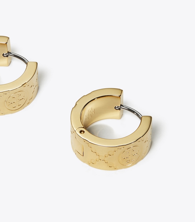 Tory Burch designer earrings T Monogram Small Hoop Earrings in Tory Gold front