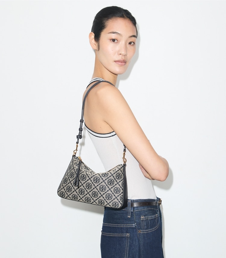 Tory Burch designer shoulder bags T Monogram Small Perry Shoulder Bag in Tory Navy accessory on model