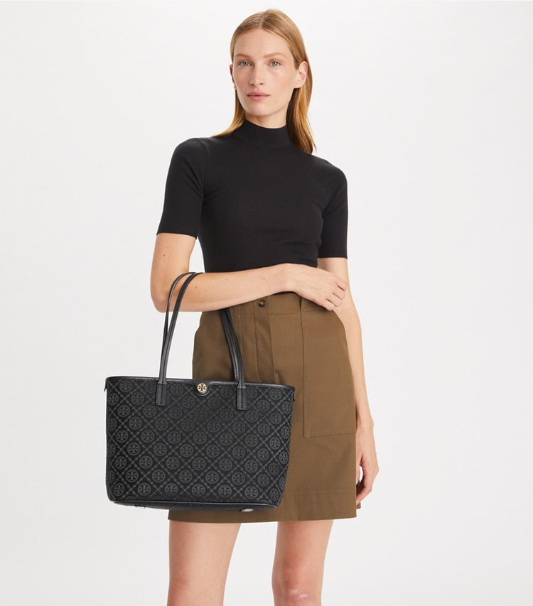 Tory Burch designer tote bags T Monogram Small Zip Tote in Black accessory on model