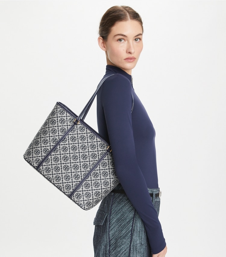 Tory Burch designer tote bags T Monogram Small Zip Tote in Tory Navy accessory on model