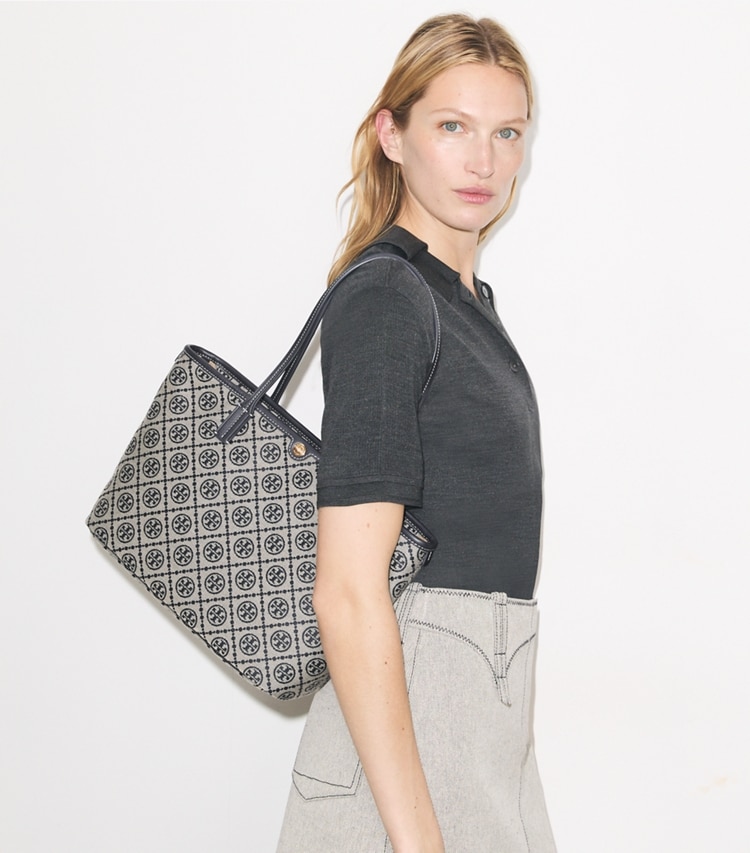 Tory Burch designer tote bags T Monogram Small Zip Tote in TORY NAVY accessory on model