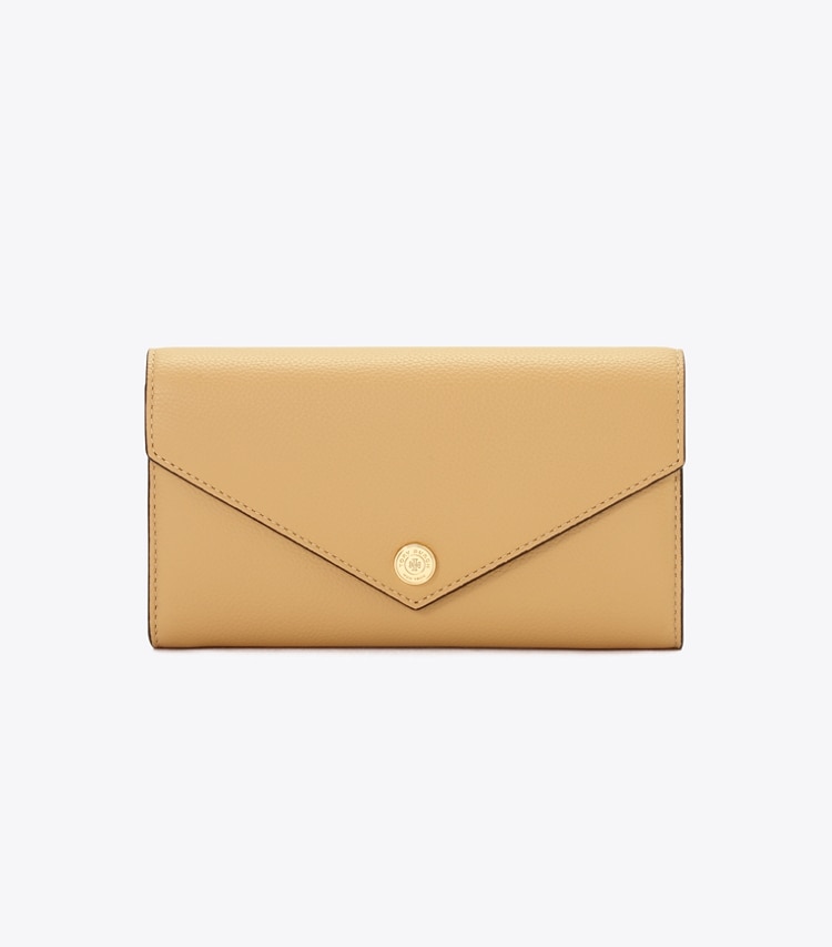 Tory Burch designer 財布 Tモノグラム ソフトペブルドレザー エンベロープ ウォレット in Biscotti front