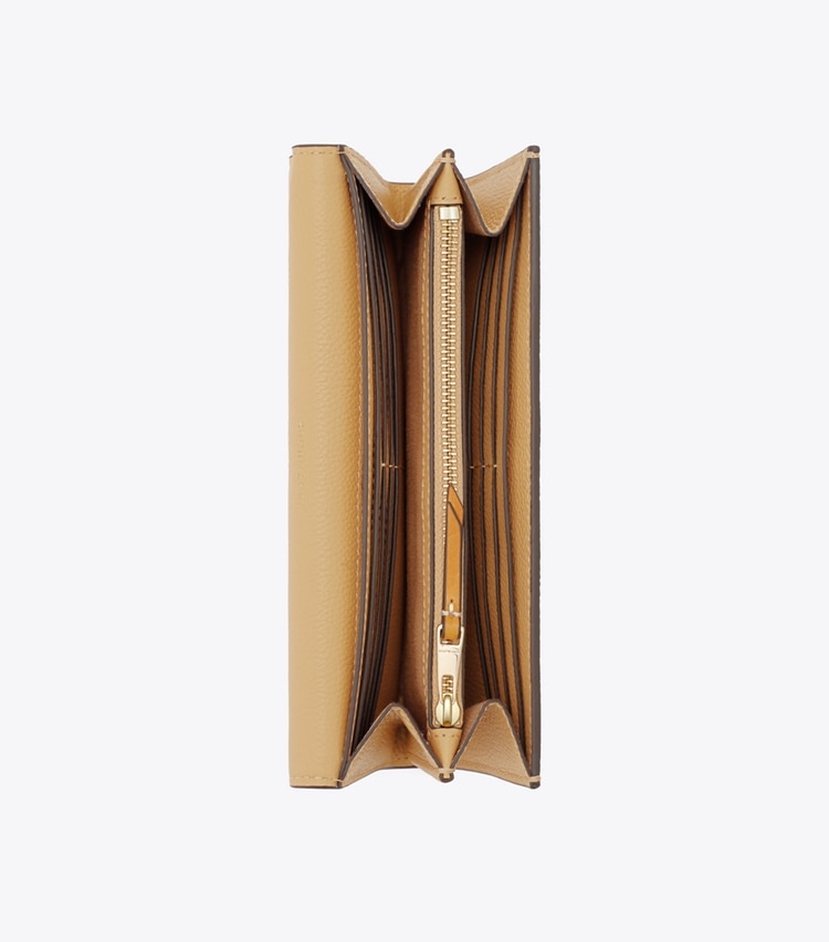Tory Burch designer 財布 Tモノグラム ソフトペブルドレザー エンベロープ ウォレット in Biscotti オーバーヘッド
