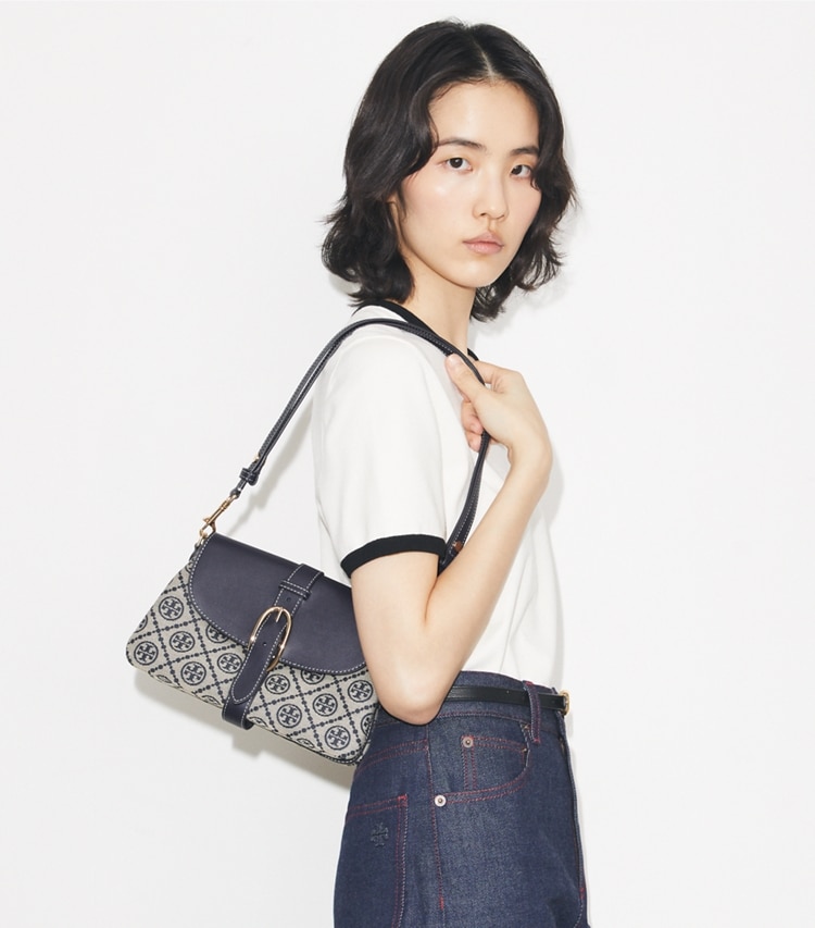 Tory Burch designer shoulder bags T Monogram Soft Small Shoulder Bag in Tory Navy accessory on model