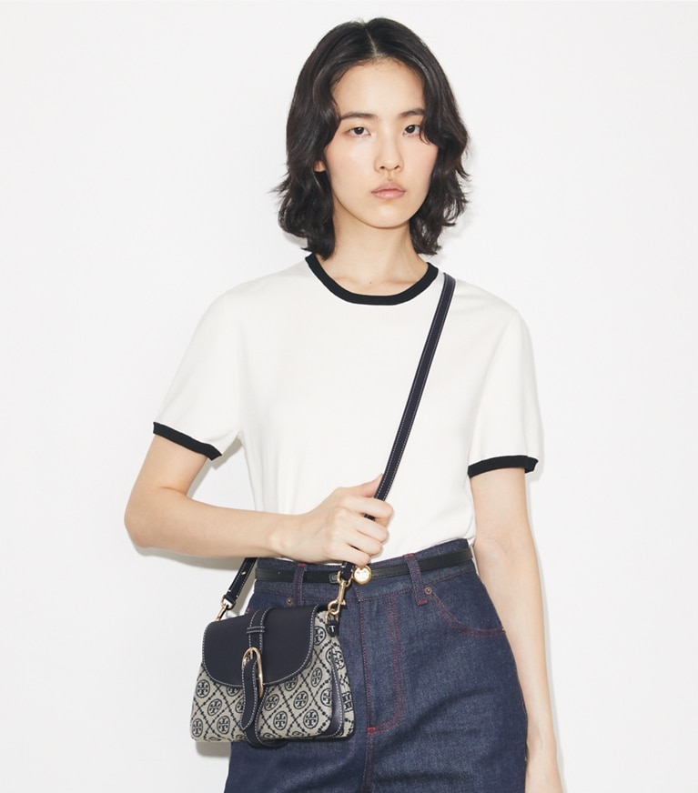 Tory Burch designer shoulder bags T Monogram Soft Small Shoulder Bag in Tory Navy additional on model