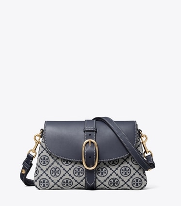 Tory Burch designer shoulder bags T Monogram Soft Small Shoulder Bag in Tory Navy front