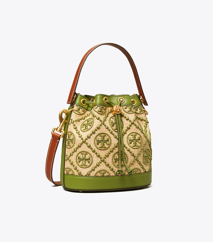 T Monogram Straw Bucket Bag: Women's Designer Crossbody Bags | Tory Burch