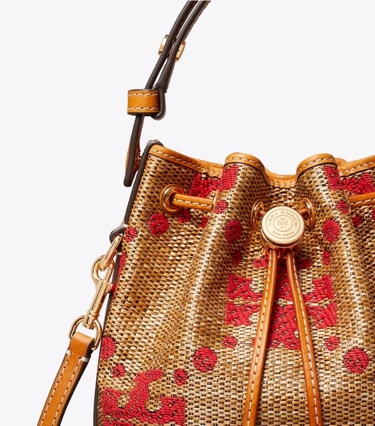 Tory Burch designer crossbody bags T Monogram Straw Mini Bucket Bag in Natural detail