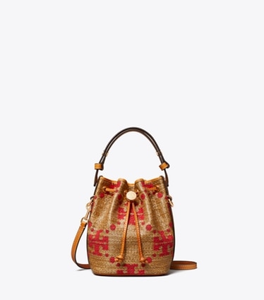 Tory Burch designer crossbody bags T Monogram Straw Mini Bucket Bag in Natural front