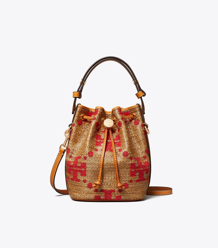 Tory Burch designer crossbody bags T Monogram Straw Mini Bucket Bag in Natural front