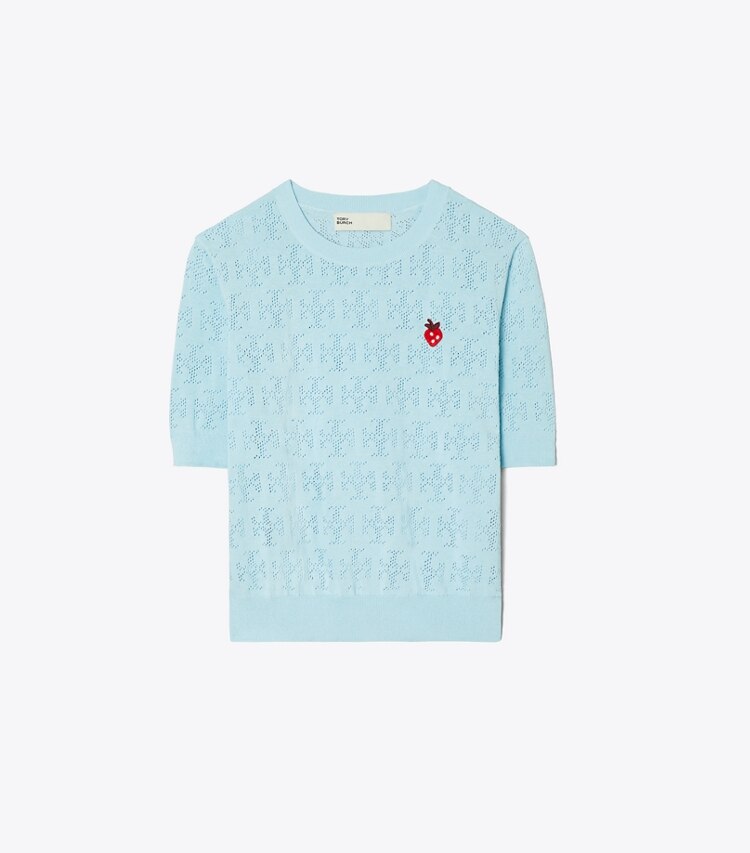 Tory Sport designer sweaters T Monogram Strawberry Sweater in Spring Blue front
