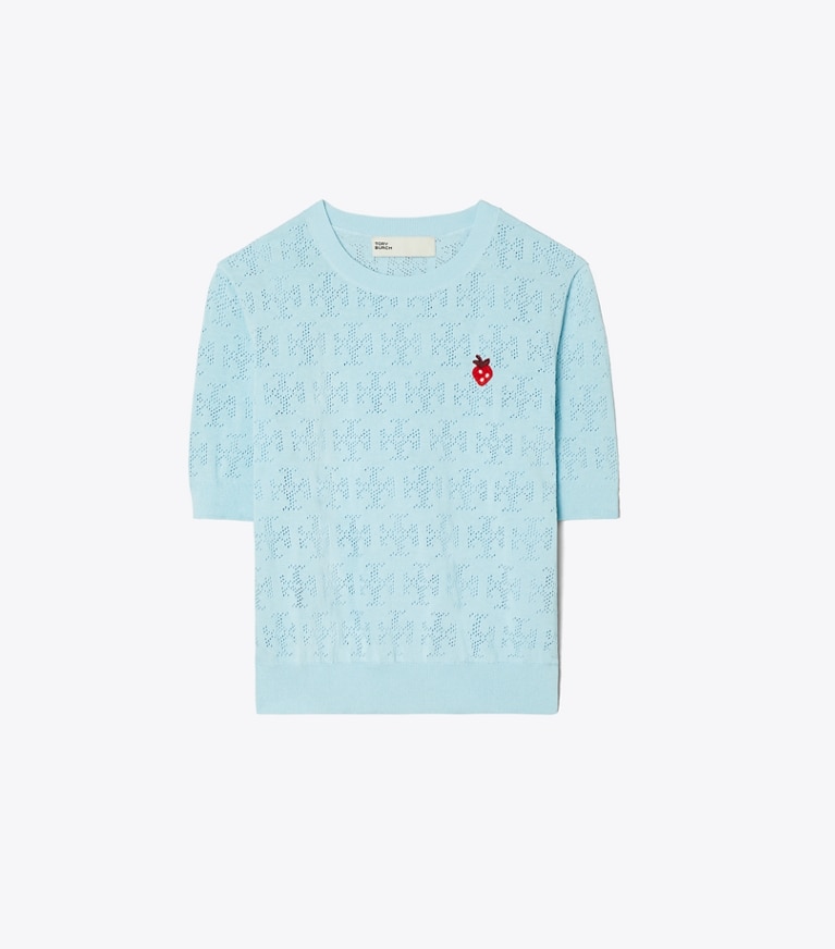 Tory Sport designer sweaters T Monogram Strawberry Sweater in Spring Blue front