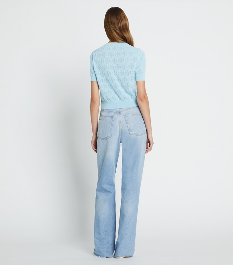 Tory Sport designer sweaters T Monogram Strawberry Sweater in Spring Blue front