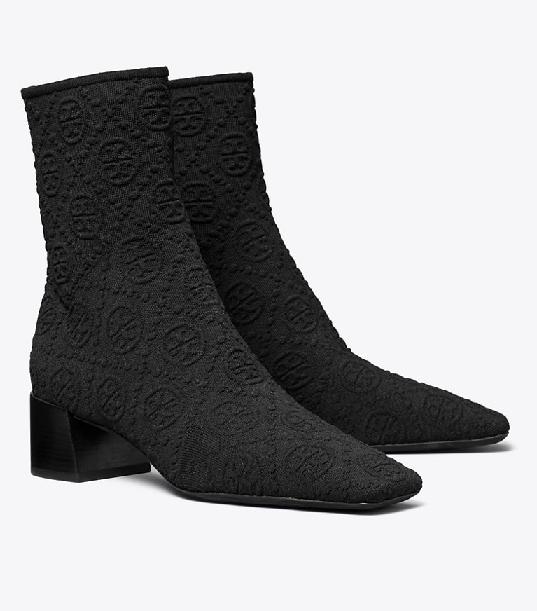 Tory Burch designer ankle boots T Monogram Stretch Ankle Boot in PERFECT BLACK angle