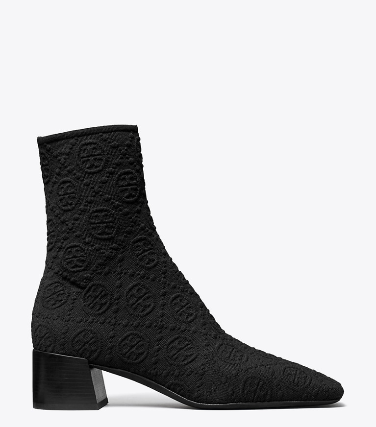 Tory Burch designer ankle boots T Monogram Stretch Ankle Boot in PERFECT BLACK angle
