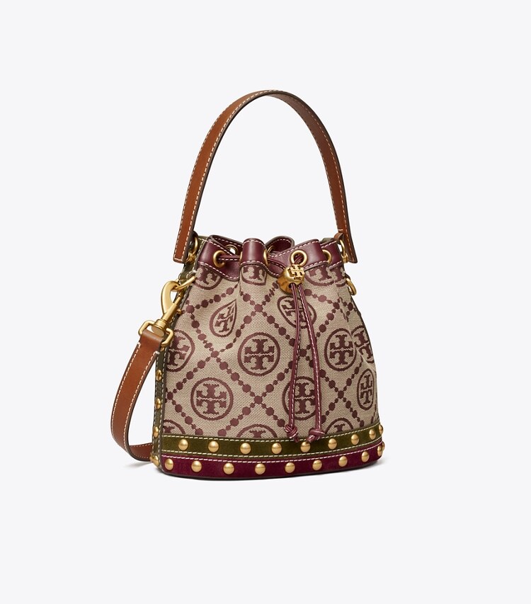 Tory Burch designer crossbody bags T Monogram Studded Bucket Bag in Claret angle