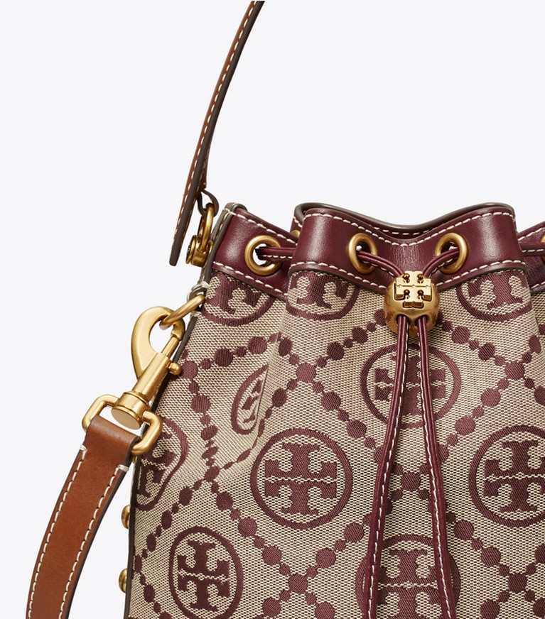 Tory Burch designer crossbody bags T Monogram Studded Bucket Bag in Claret angle