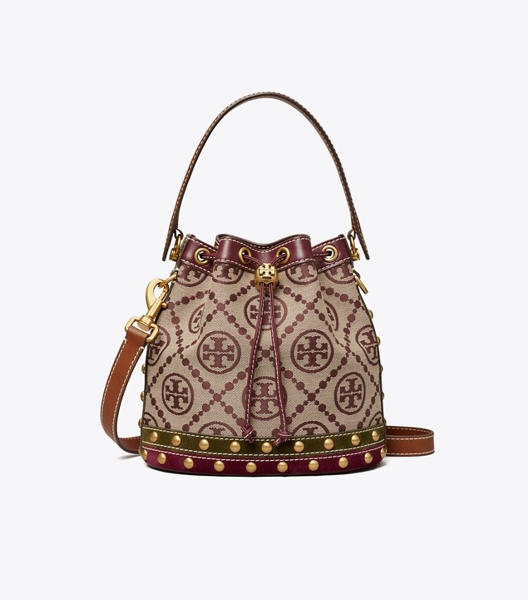 Tory Burch designer crossbody bags T Monogram Studded Bucket Bag in Claret front