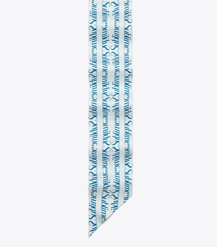 Tory Burch designer scarves T Monogram Sublime Ribbon Tie in Blue detail