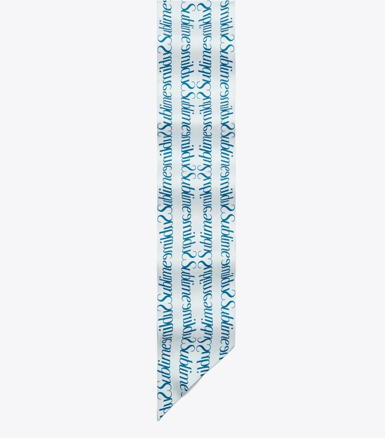 Tory Burch designer scarves T Monogram Sublime Ribbon Tie in Blue overhead