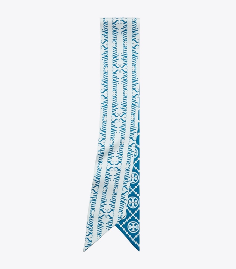 Tory Burch designer scarves T Monogram Sublime Ribbon Tie in Blue overhead